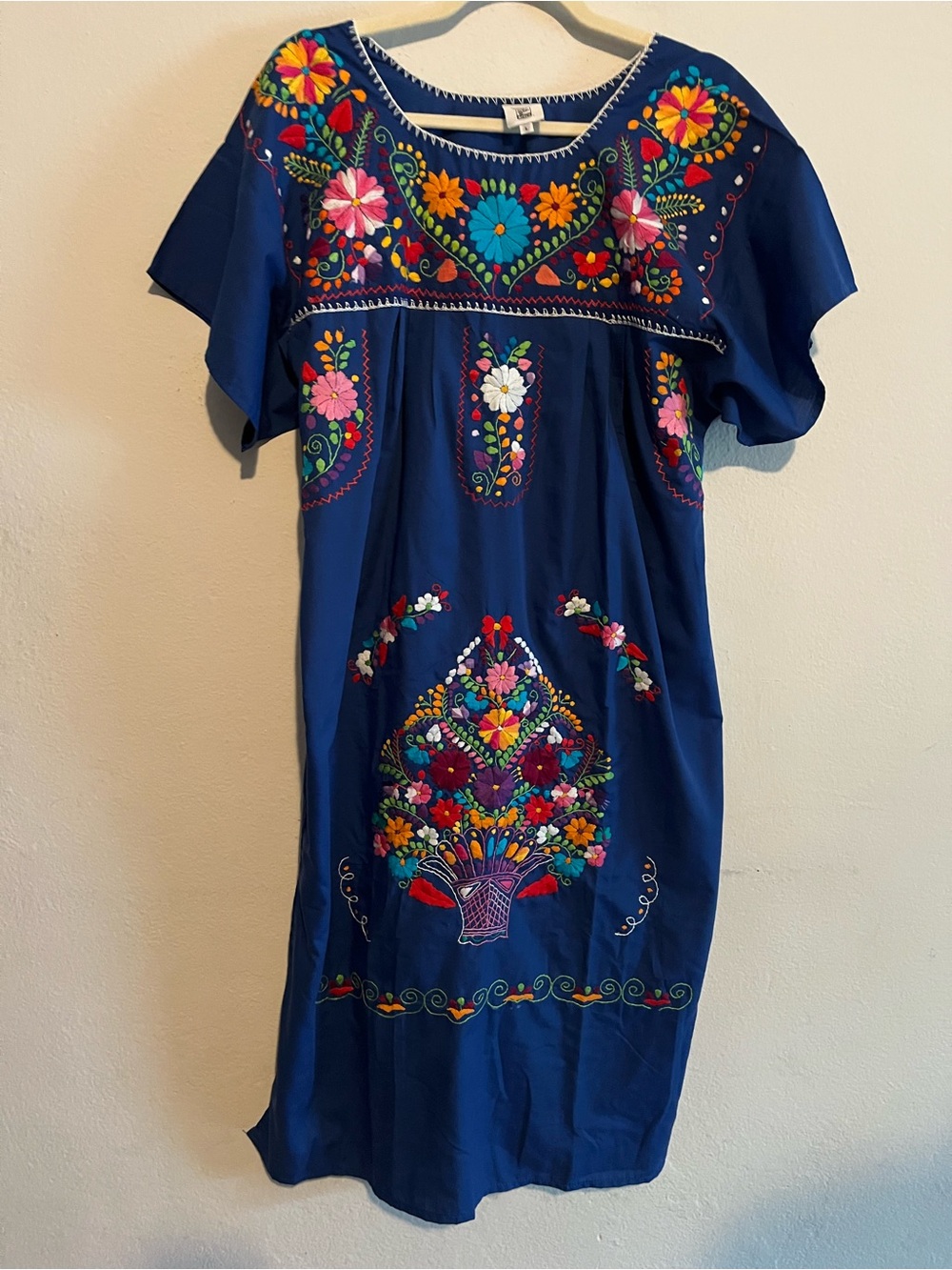 Mexican Embroidered Dress Womens Blue  Floral Boho Folk Cotton Blend Handmade Lg